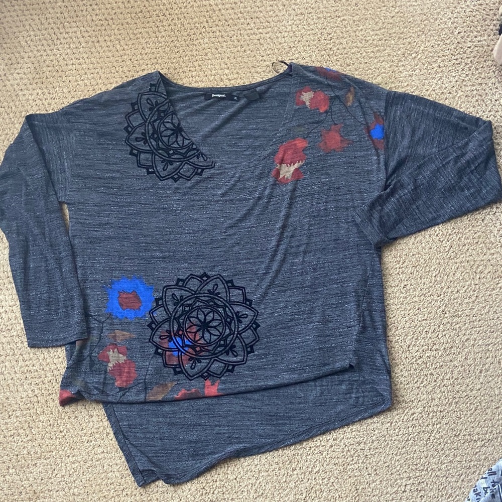Desigual Charcoal Top with Black and Red Patterns